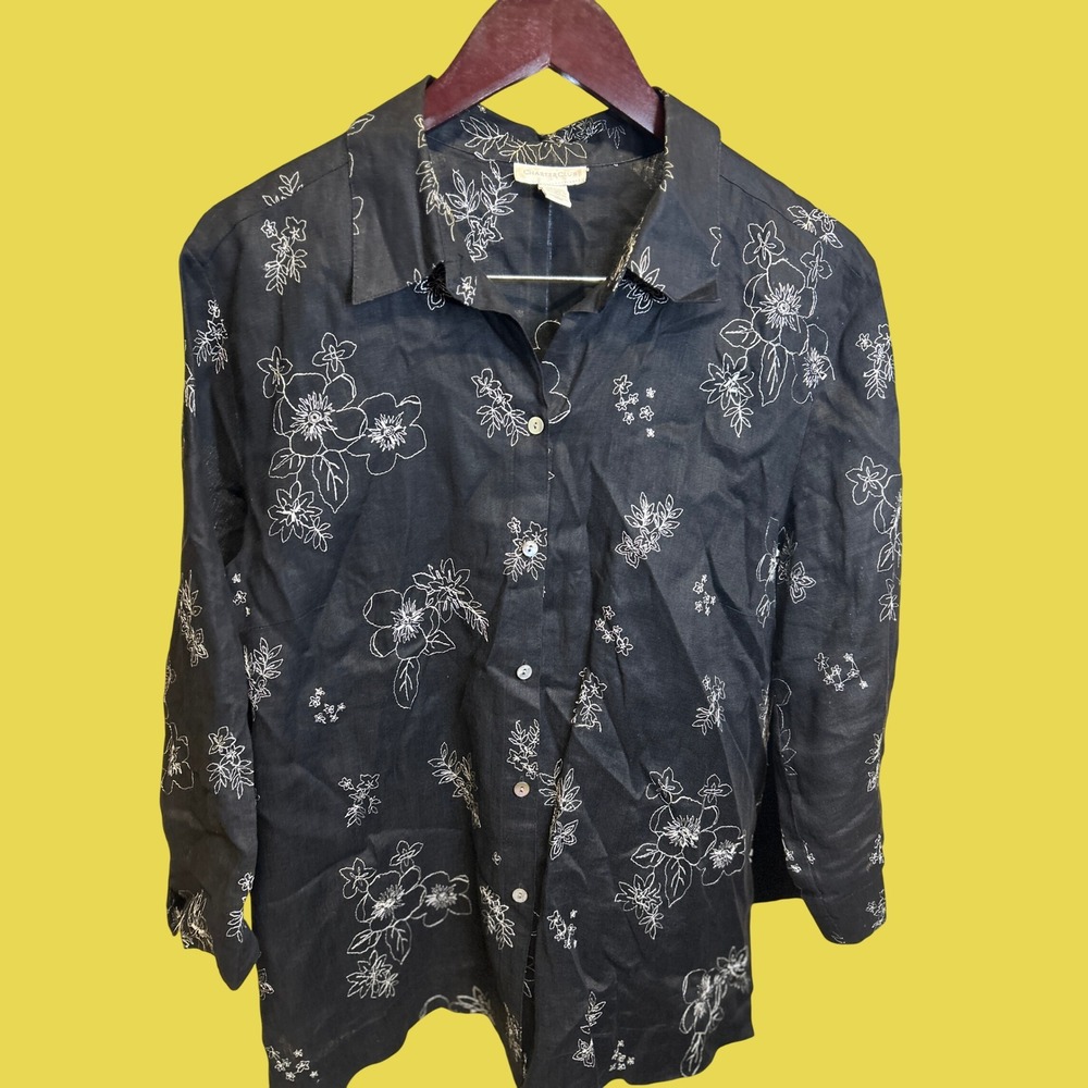 Charter Club Button Down Shirt Women 16 Black 100 Linen Floral Embroidered Shirt